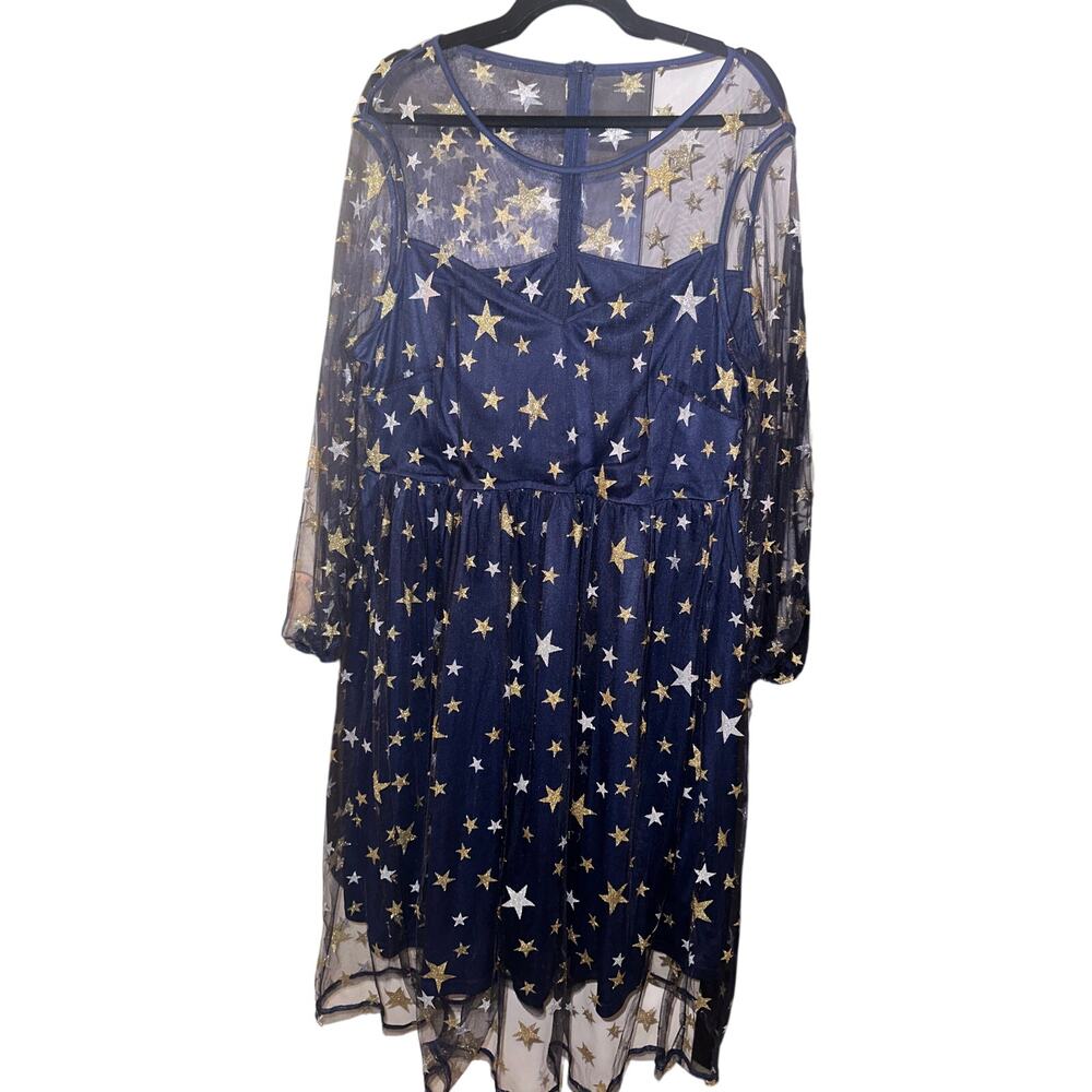 Bloomchic Plus Size 18-20/2X Blue Gold Silver Glitter Star Sweetheart Maxi Dress - Picture 5 of 8